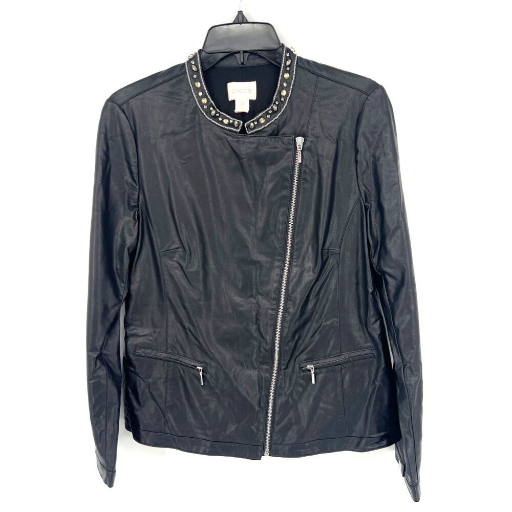 Chicos Womens Faux Leather Jacket Black Size 0 US Small